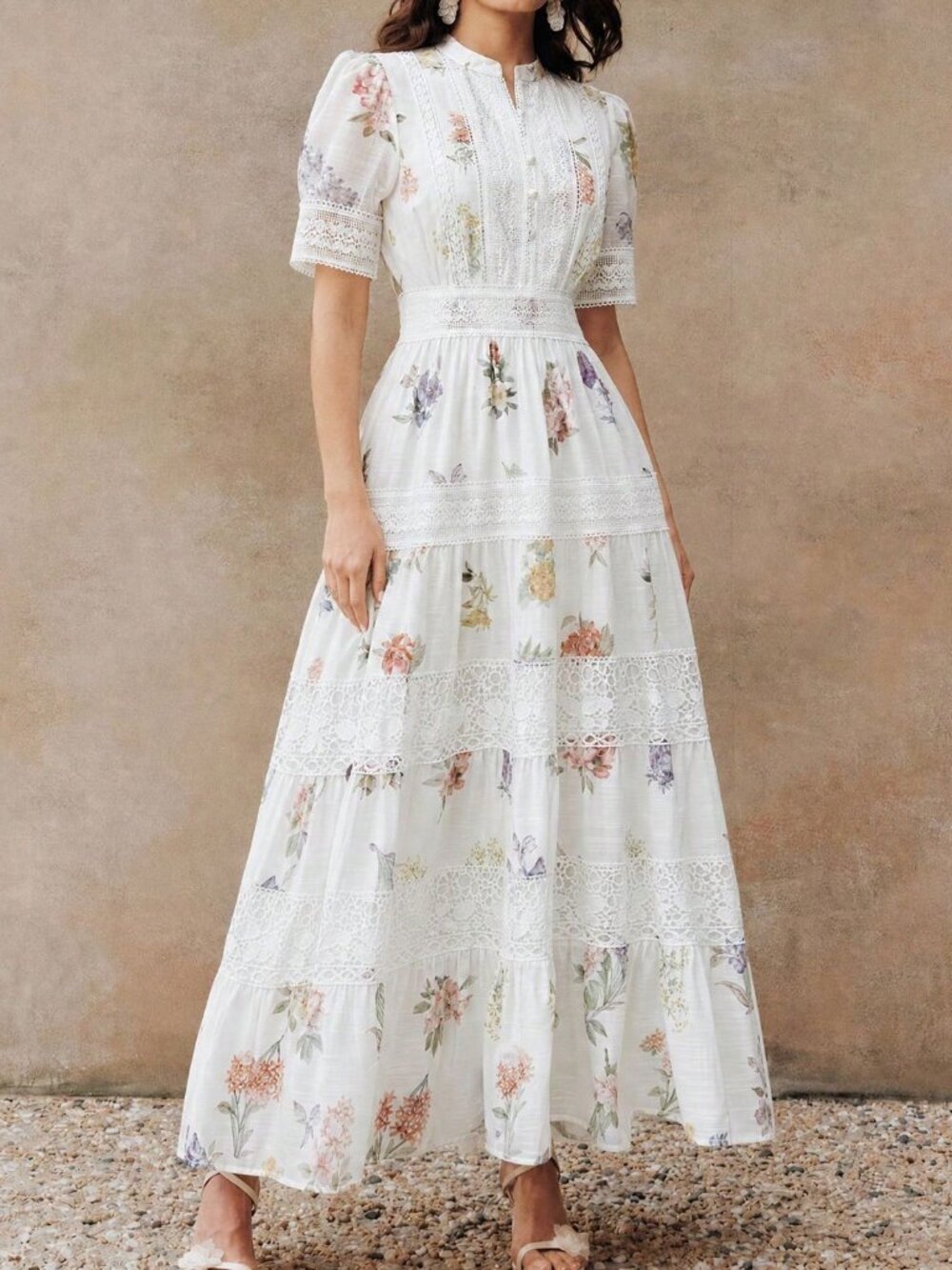 White Boho Women's Floral Print Waist-Cinched Flared Dress - Picture 3 of 8